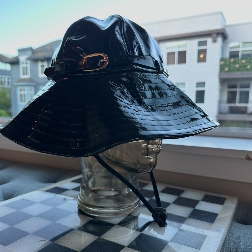 Rain Hat Patent Vinyl Black Wide Brim Buckle Glossy Waterproof Hat